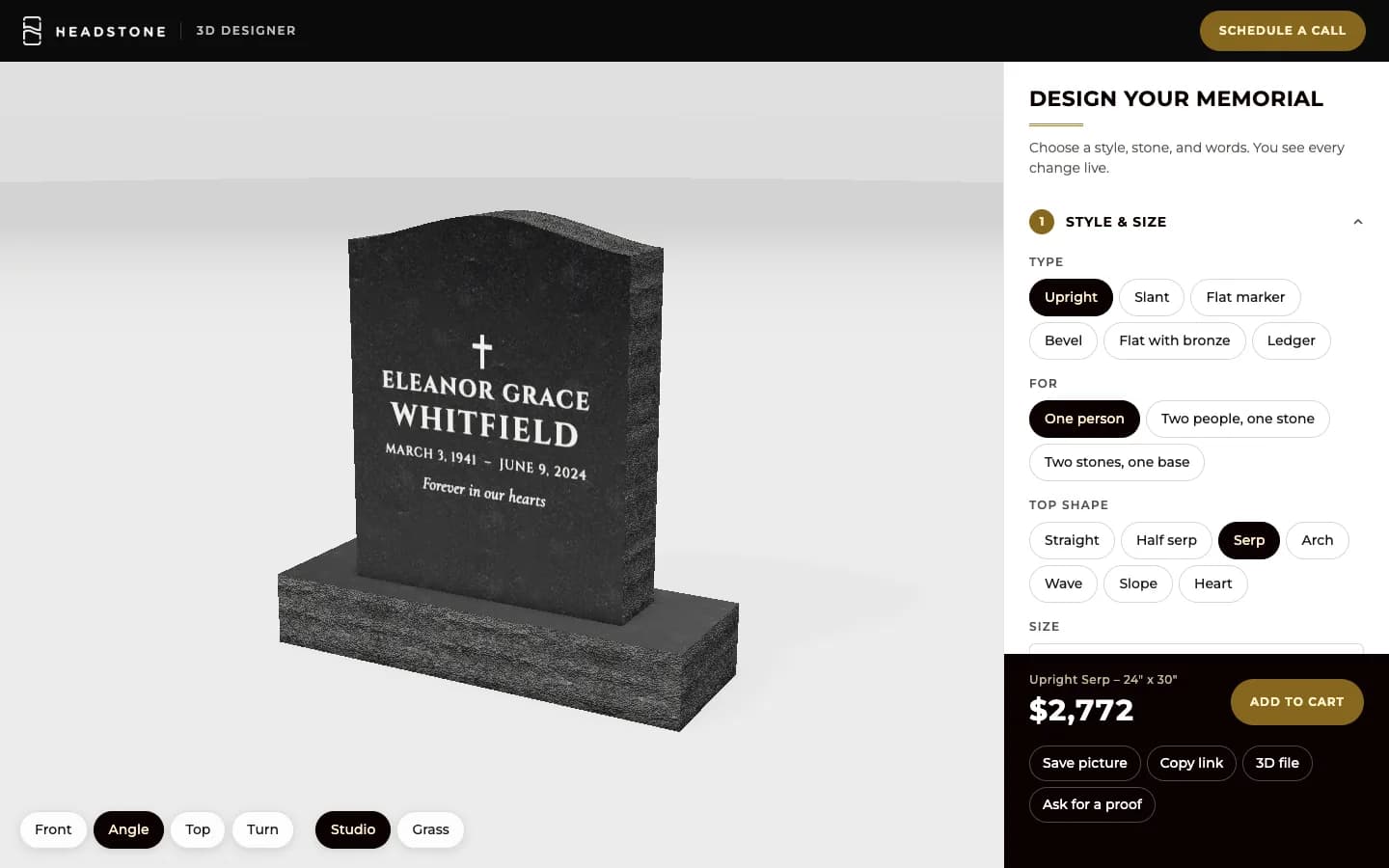 Headstone website, full home page
